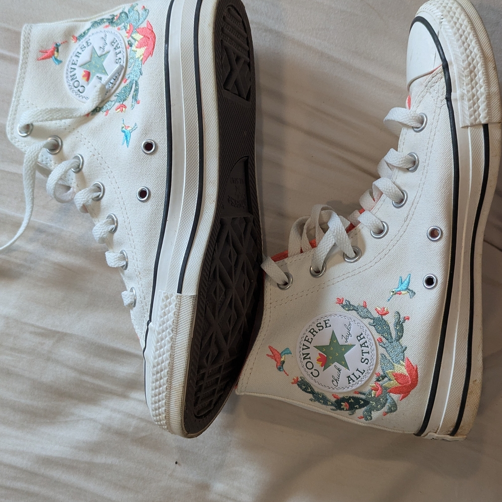 Converse WomensHigh-Top Sneakers - White with Floral Cactus Design